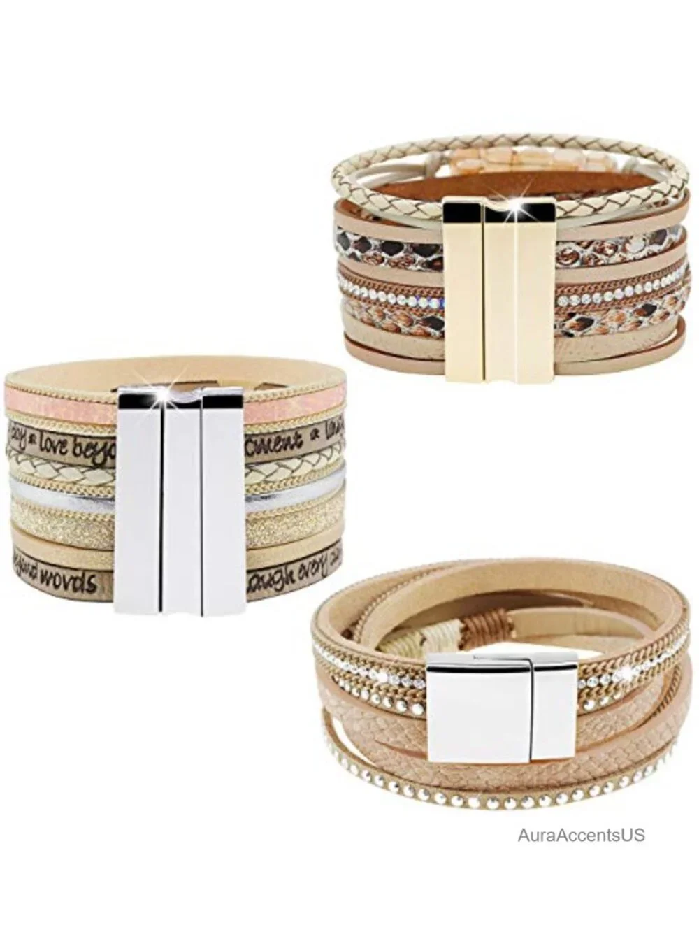 3 Pack Leather Cuff Bracelets Multilayer Wrap Magnetic Clasp Set